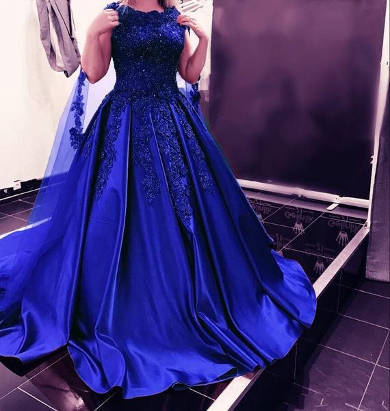 

2019 royal blue beaded appliques long prom dresses with cape jewel neck formal party gowns zipper back crystal satin quinceanera ball gowns, Black