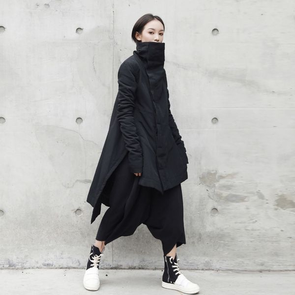 

cakucool new dark black women mid long parka coon liner asymmetric slim winter coats stand collar slit outerwear parkas female