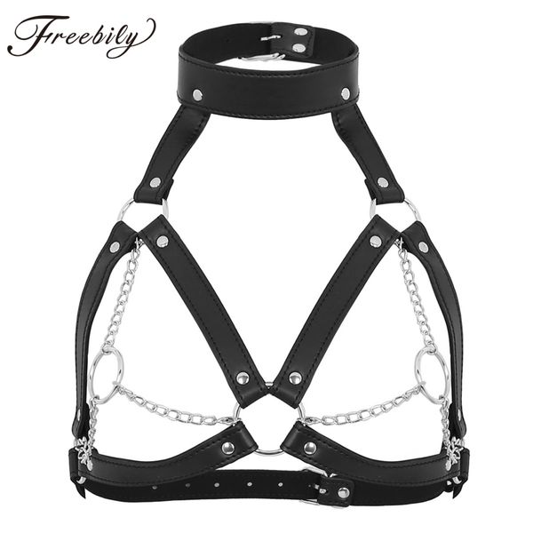 

womens pu leather bra body chest harness cage bralette strap adjustable buckles o-rings metal chain tassel chest belt garter, Black;white