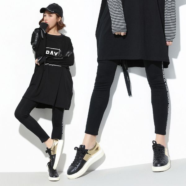 

xitao] 2017 female printing letters leggings ankle slim pants pants wholesale tide, Black