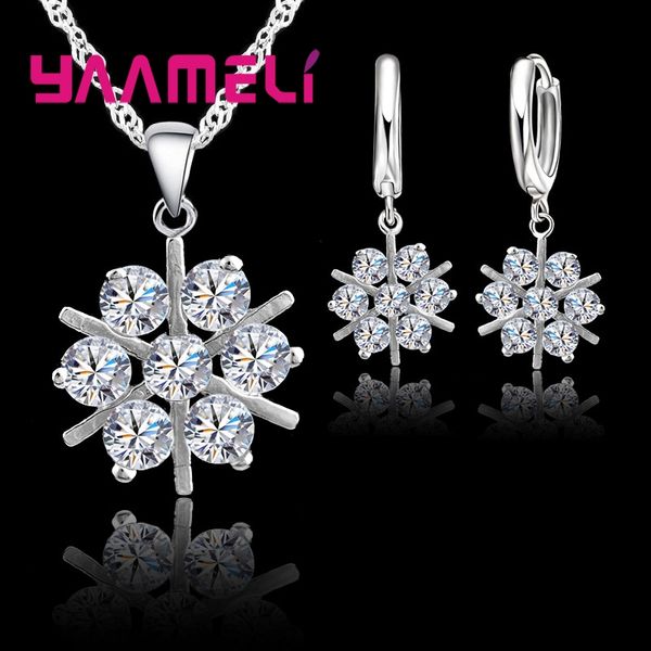 

yaamel new fashion 925 sterling silver snow flower crystal pendant earrings chain for women wedding jewelry set ing