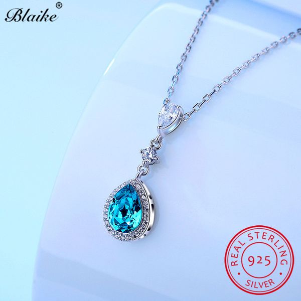 

blaike mystic aquamarine birthstone water drop pendants & necklaces for women genuine s925 sterling silver choker zircon jewelry