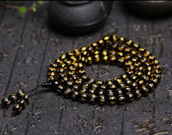 

8mm tibetan black obsidian bead carve mantra om mani padme hum amulet bracelet, Golden;silver