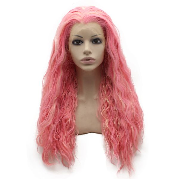 Longo Kinky Hetero parte dianteira do laço peruca loira rosa Mix mão amarrada Halloween Party Wig