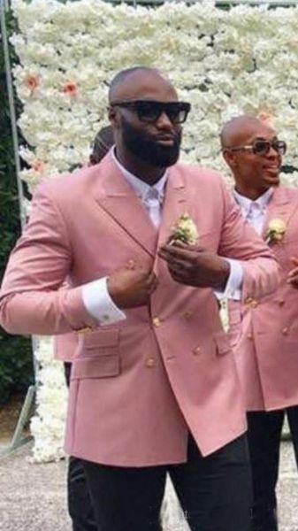 

Stylish Design Groom Tuxedos Double Breasted Pink Peak Lapel Groomsmen Best Man Suit Men Wedding Suits (Jacket+Pants)
