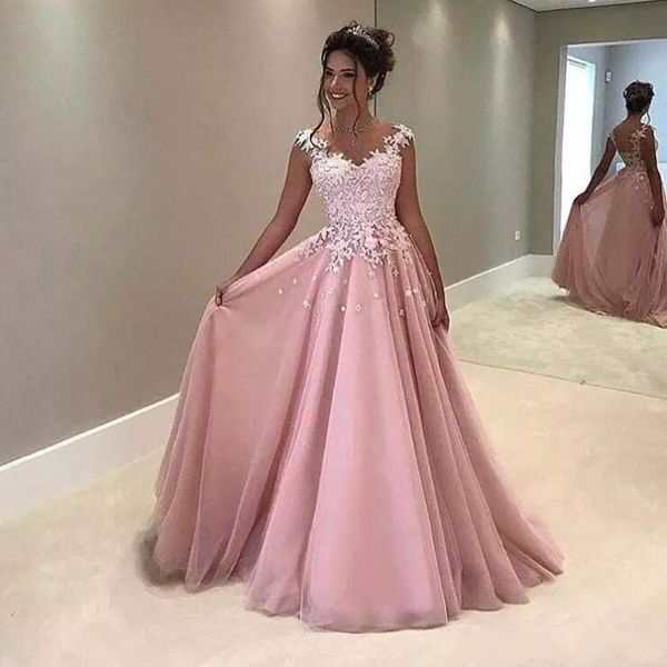 

2019 Vintage A Line Pink Prom Dresses Long Lace Appliqued Cap Sleeve Sheer Back Evening Dresses Formal Party Gowns Cheap Custom