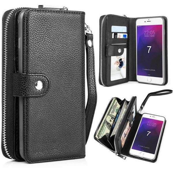 

For iPhone XS MAX XR X 7 8 Detachable Leather Wallet Case Zipper Purse Pouch Flip Card Back Phone Cover For S8 S9