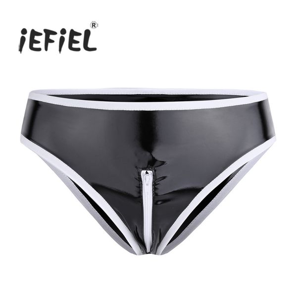 

iefiel 2017 black womens panties lingerie wetlook patent leather crotch zipper low rise bikini briefs underwear underpants, Black;pink