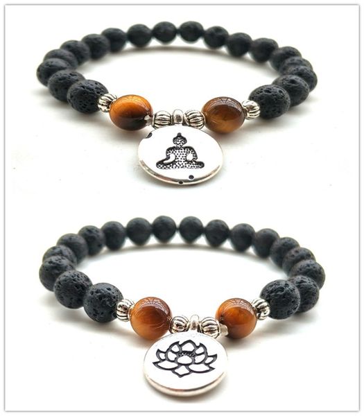 

natural black lava stone tiger's eye lotus bracelet vaolcano stone aromatherapy essential oil diffuser bracelet for women yoga jewelry, Golden;silver