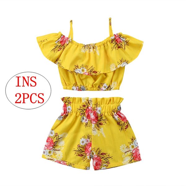 

Girl ummer clothe children yellow flower print 2pc et kid girl trap top hort outfit 1 6t