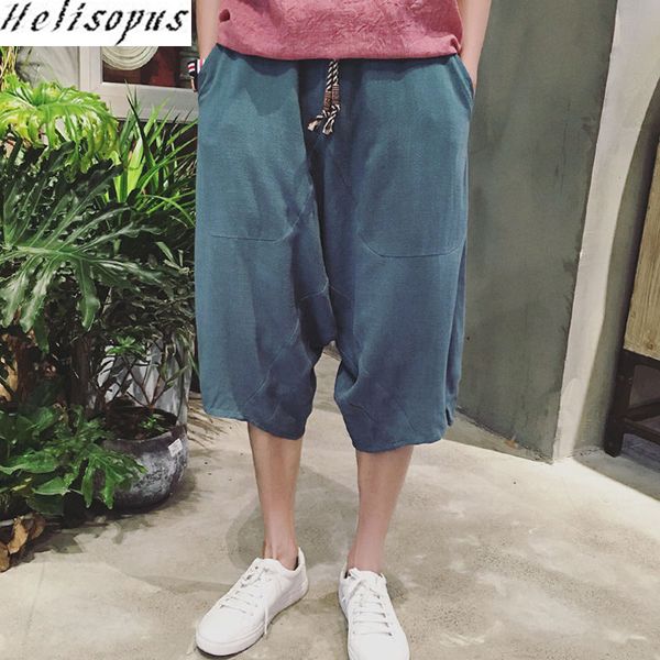 

heslisopus 2018 mens harem pants retro cotton linen casual loose pants drawstring plus size baggy calf length trousers, Black