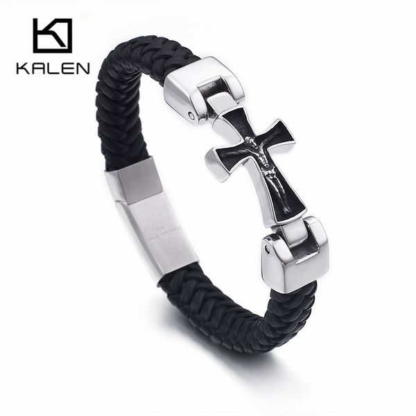 

cruz bracelet for men male 22.5cm black leather rope + stainless steel christian cool bracelets kalen, Golden;silver