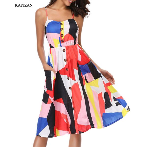 

kayizan women dresses summer floral spaghetti strap button down bohemian print party swing midi dress with pockets backless, Black;gray