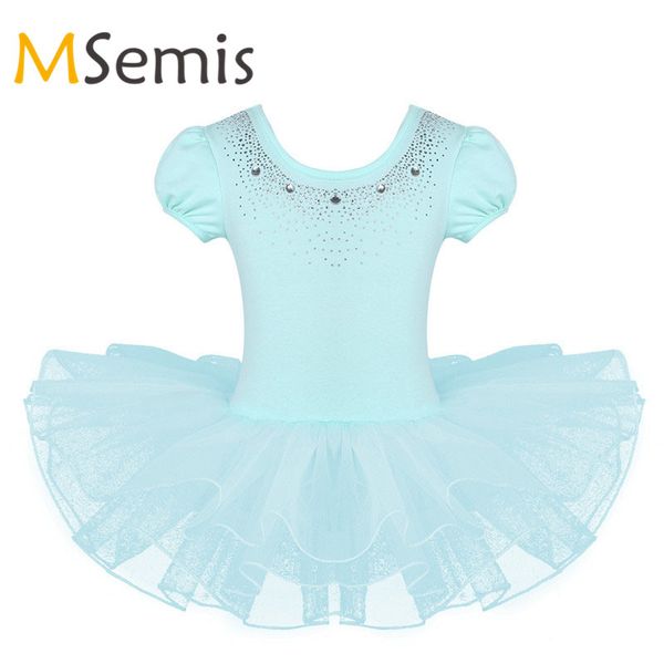 

kids girls ballet dress mesh short bubble sleeves sparkly rhinestones tutu ballet dance gymnastics leotard for girls tutu dress, Black;red