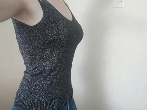 

50pcs knitted tank women gold thread vest sequined v neck long tank fitness sweater, White