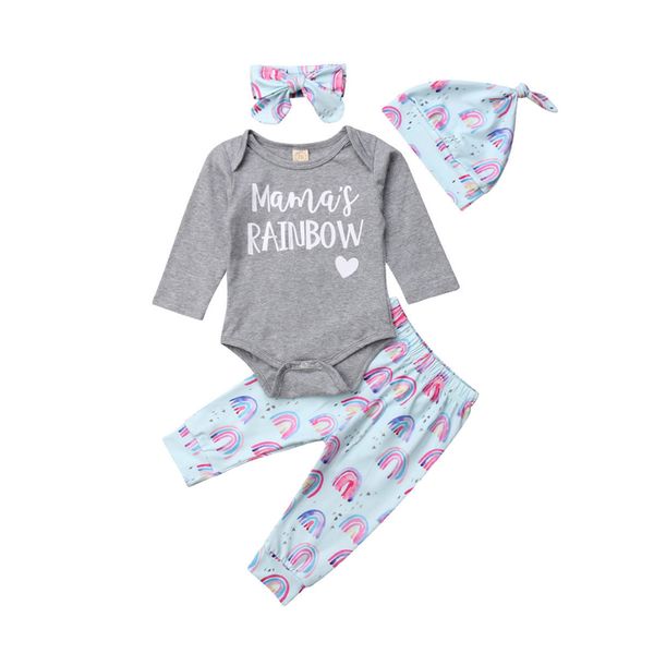 

cotton o-neck long sleeve kids clothes set baby girls boys letter print romper jumpsuit + rainbow pants + hat outfits set, White