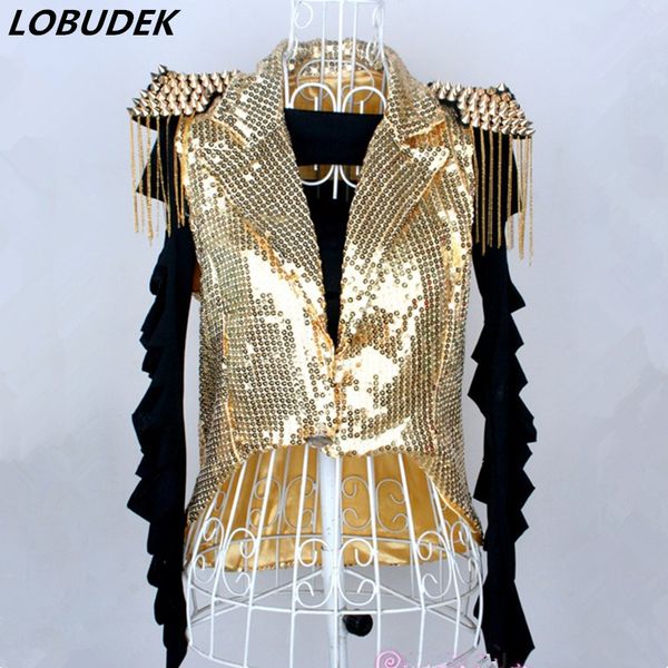 

female jazz hip hop ds costumes bar nightclub dj singer team stage performance clothes rivet sparkly sequins coat tuxedo vest, Black;white