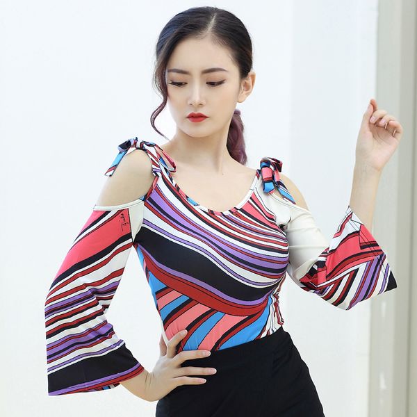 

latin dance shirts fashion printed trumpet sleeve ballroom women professional tango samba salsa dancing clothes dnv10168, Black;red