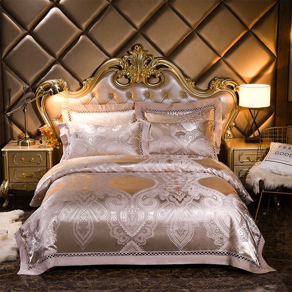 

luxury silver golden jacquard silk satin bed set bedding sets 4pcs  king size bed sheet set,bed set linen pillowcases