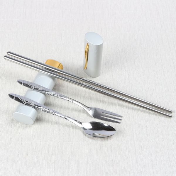 Set di stoviglie in acciaio inossidabile 3 in 1 Set da tavola da viaggio portatile Bacchette pieghevoli / forchetta / cucchiaio Spedizione gratuita wen7013