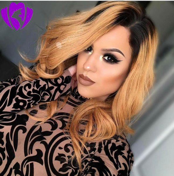 

Hotselg Blonde Synthetic Lace Front With Dark Roots 16Inch Short Straight Bob Wig Ombre Wigs For Black Women, Ombre color