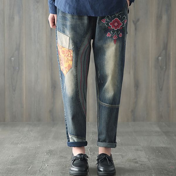 

spring autumn jeans women loose elastic waist embroidery denim pants ladies new vintage casual denim trousers, Blue