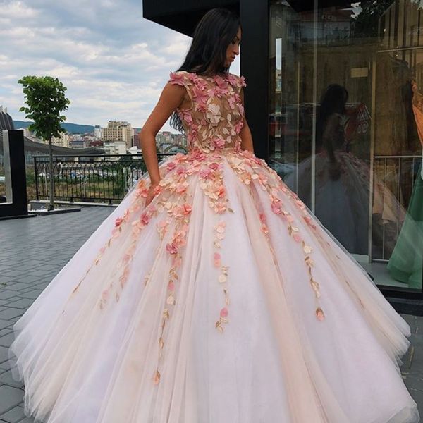

dubai petals applique princess evening dress glamorous cap sleeve puffy tulle ball gowns prom dress charming see through quinceanera dresses, Blue;red