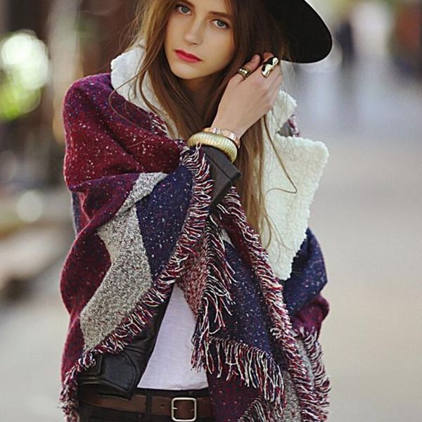

fashion womens scarves against the color bevel wool edge imitation cashmere scarf thickening warm lattice shawl, Blue;gray