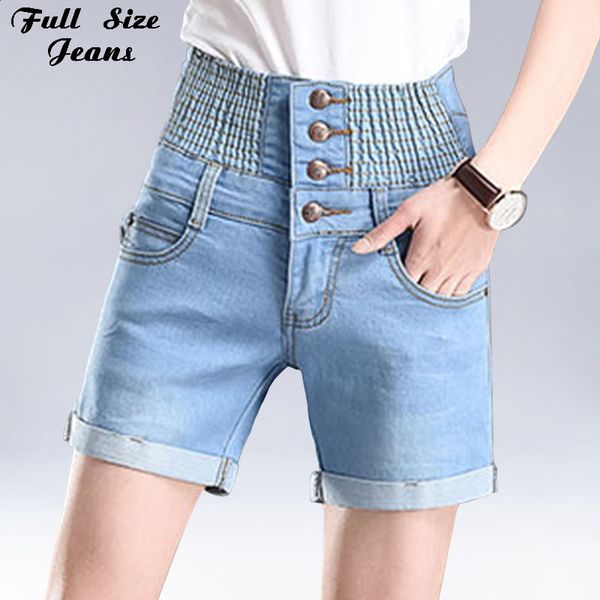 

plus size high elastic waist hemming casual denim shorts 3xl 5xl women button summer beach large size blue jeans shorts female