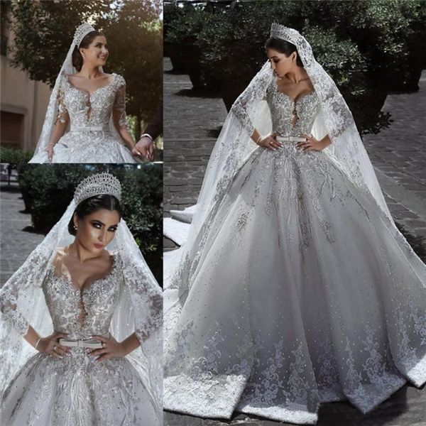 

luxurious ball gown wedding dresses with long sleeves tulle appliques beaded sequins appliques fitted bridal gowns, White