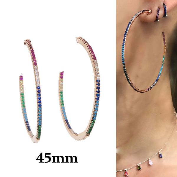 

rainbow cz statement girl 45mm big hoop earrings for women lady simple rose gold color punk large circle earring fashion jewelry, Golden;silver