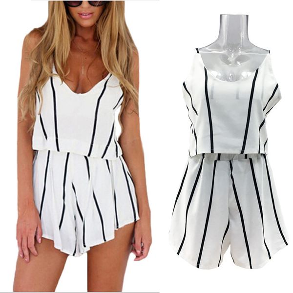 

2018 summer casual fashion women black white vertical striped v-neck sleeveless two-piece female elastic waist short pants suits