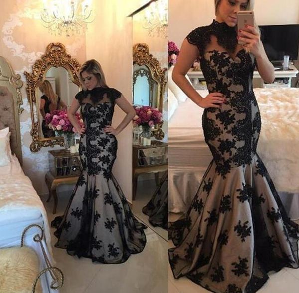 

barbara melo high neck cap sleeves evening dresses black applique lace prom dress backless mermaid formal party gowns, Black;red