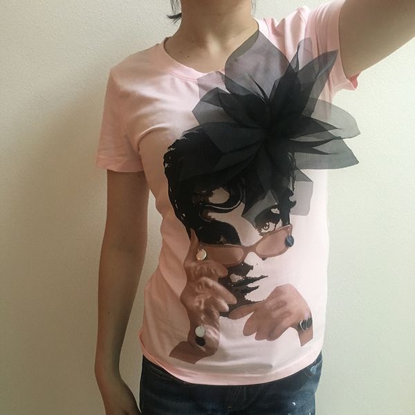 

2018 new short sleeve women t-shirt summer for women pink short sleeve tee casual floral t-shirt appliques, White
