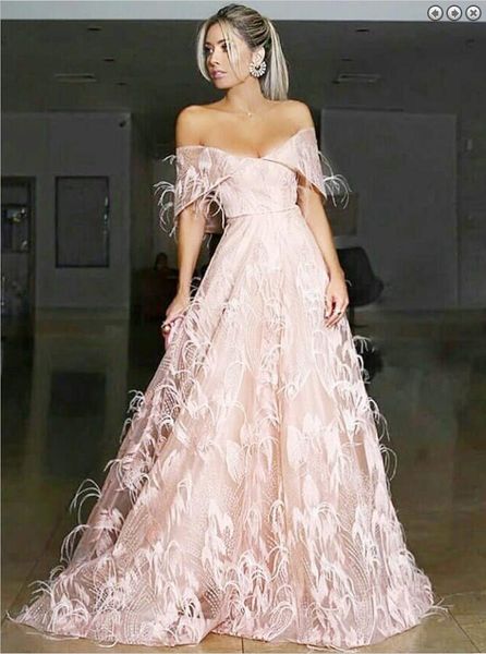 

formal evening dresses a-line off-the-shoulder sweep train pink lace prom dress with ostrich feather long floor length v-neck party gowns, Black;red