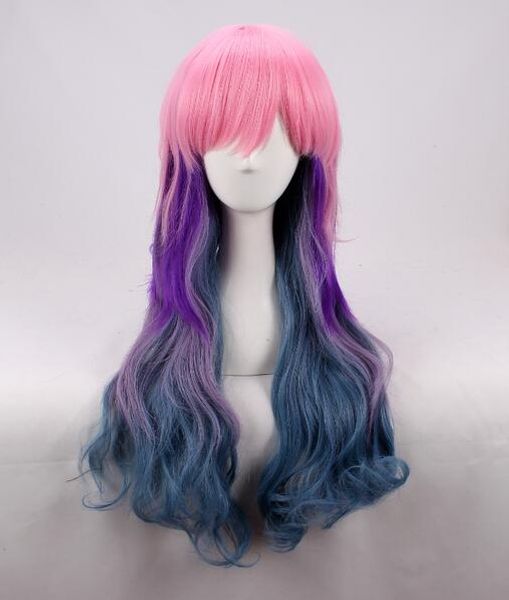 Parrucca con frangia a sirena lunga ondulata riccia blu viola rosa arcobaleno da 60 cm