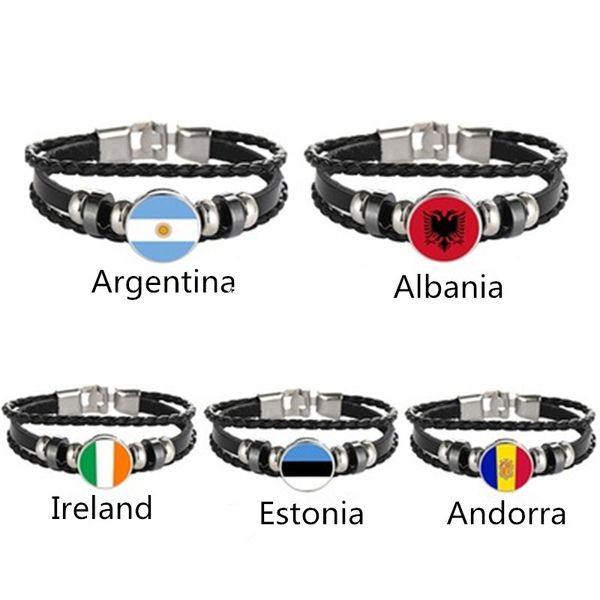 

argentina albania ireland estonia andorra flag multilayer leather bracelet fashion bracelet men and women jewelry, Black