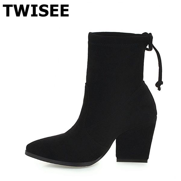 

women mid calf boots slip on selling sapatos femininos pumps autumn point toe woman casual shoes strange style, Black