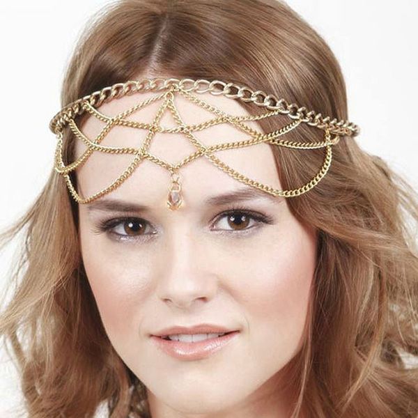 

fine vintage hair accessories double gold chain multilayer chain jewelry comb head new headbands for women girl lady gift w, Golden;white