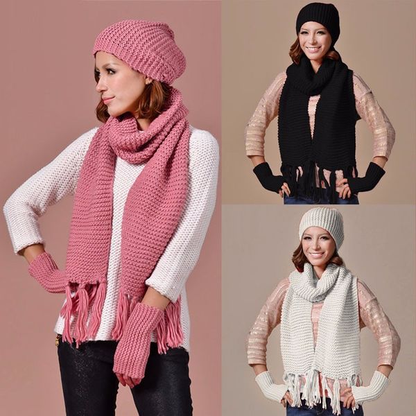 

womens mens knitted ski beanie cap warm hat scarf and gloves winter set, Blue;gray