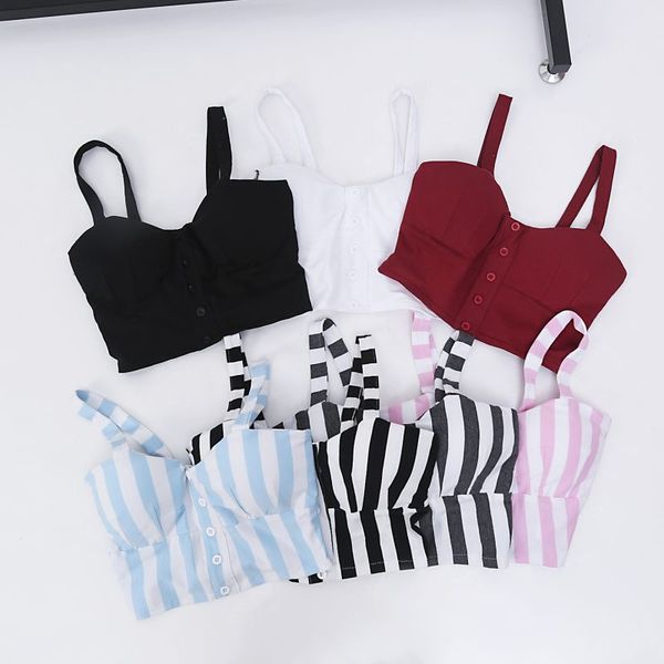 

new summer women's sleeveless striped crop cami vest camisole sweet button, White