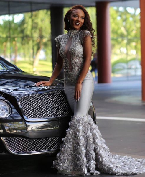 

major beading silver high neck mermaid prom dresses 2018 illusion bodices lace crystals 3d flowers formal evening party gowns, Black