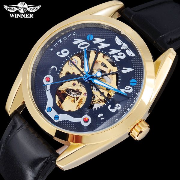 

twinner fashion brand men mechanical watches leather strap casual men's automatic skeleton gold black watches reloj hombre, Slivery;brown