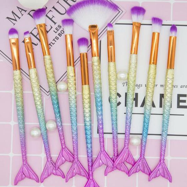 

professional 10 pcs/set mermaid makeup brushes set foundation blending powder eyeshadow contour concealer blush cosmetic makeup tool
