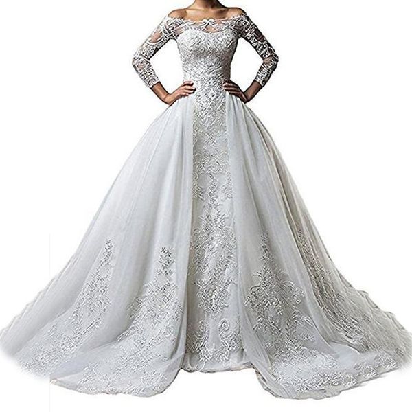 

2018 vintage bateau neck lace long sleeve wedding dresses with detachable skirt plus size illusion 2018 train vestido de noiva bridal gown, White