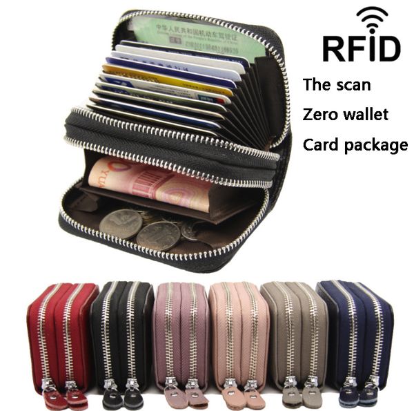 

layer leather rfid anti-scanning genuine leather organ card bag double zipper for men and women general neutral zero wallet, Brown;gray