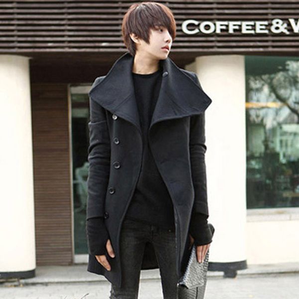 

men's wool jackets spring autumn brand men woolen coats middle long jackets and coats mens warm wool overcoat size 2xl, Black