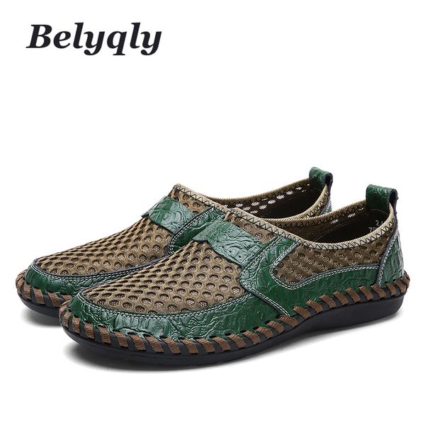 

belyqly 2018 new men's casual beach hight quality leather breathable sandals soild summer mesh hole sandals slip on big size 46, Black