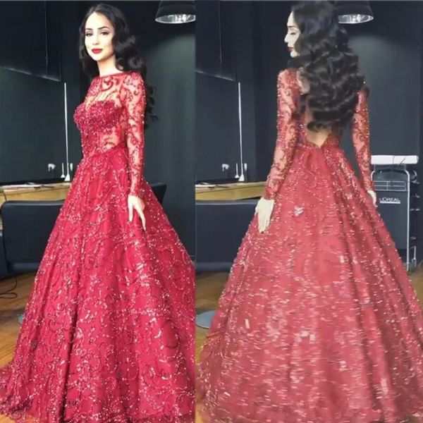 

shinning red evening pageant dresses 2018 modest sheer crew neckline long sleeve plus size ball gown wine party prom gowns arabic, Black