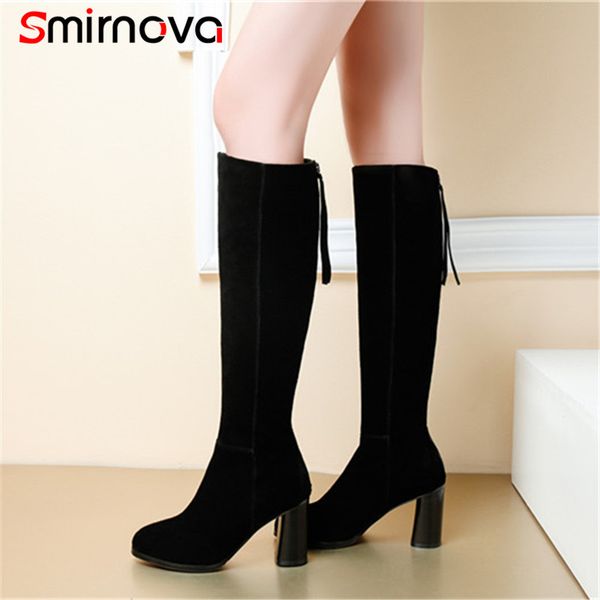 

smirnova new fashion woman shoes 2018 cow suede leather boots super high heel knee high boots zipper black ladies